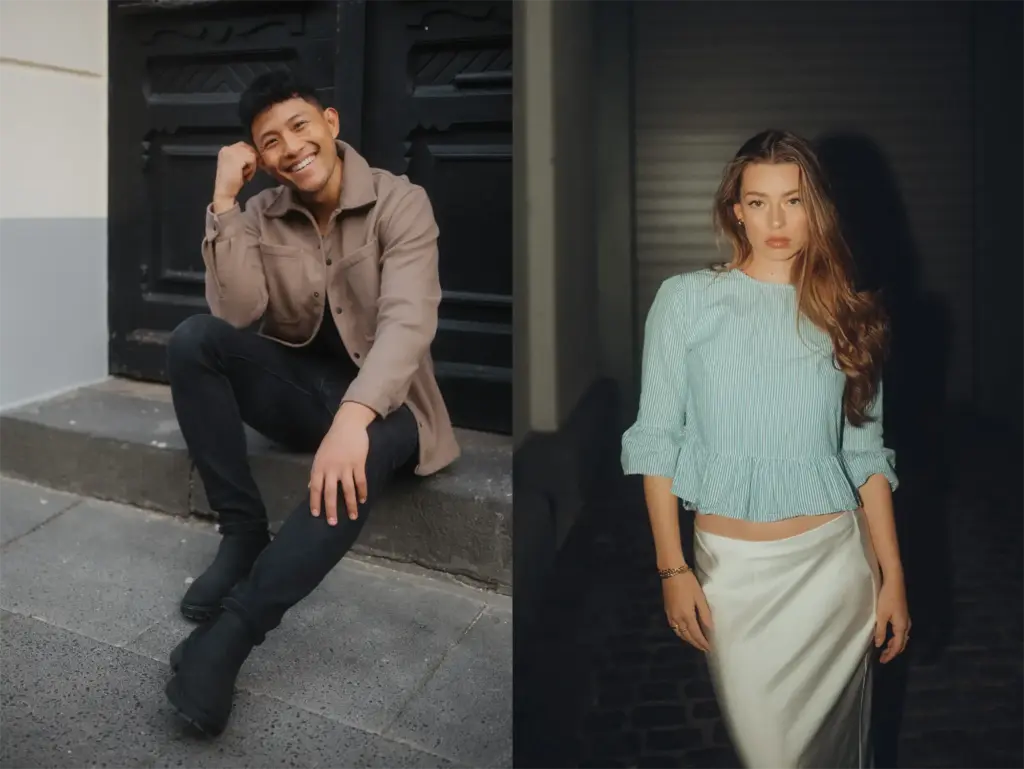 Zweiteilige Bildcollage mit Outdoor-Portrait eines Mannes und Studio-Portrait einer Frau